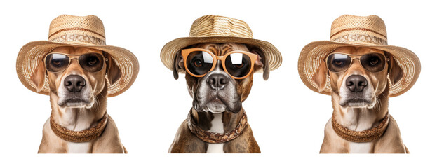 Dogo dog wearing glasses and straw hat for summer, summer travel concept isolated on white background - obrazy, fototapety, plakaty