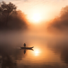 A lone rower paddling on a mist-covered river at dawn