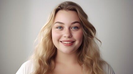 Portrait of a fat smiling white female against white background, background image, generative AI