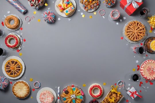 overhead view party items gray background