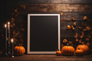 Blank blackboard and pumpkins on wooden background. Halloween decoration