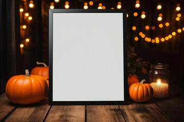 Pumpkin frame mockup with copy space on wooden table.