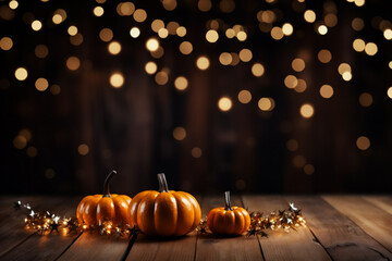 Halloween background with pumpkins on wooden table and bokeh lights