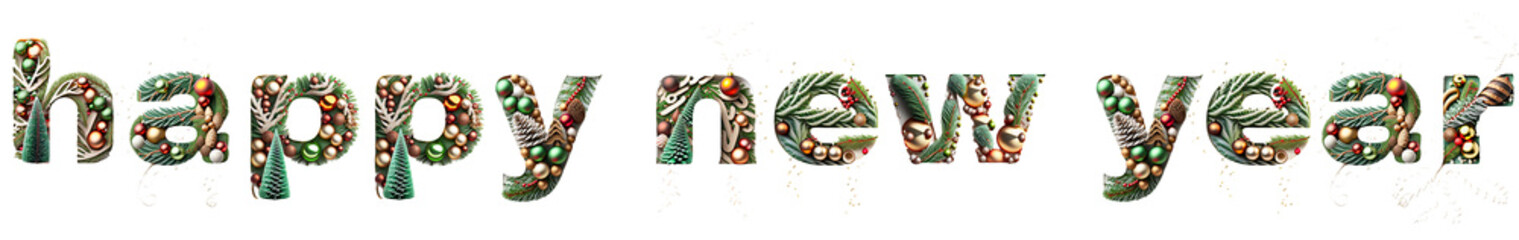 Happy new year concept, text with pine tree and new year decorations