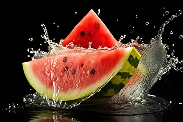 Watermelon slice with water splash on green background. 3d rendering