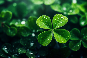 Green clover leaf with water drops on dark background. St. Patrick's day concept.