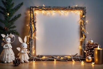 photo frame fir twigs fairy lights near christmas decorations