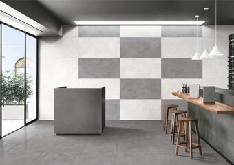 Cozy restaurant interior with grey and white marble walls and floors. A cozy, contemporary dining room with wood furniture, exquisite wall decor, and elegant dining tables. 3D Rendering