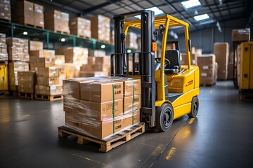 Forklift loader in warehouse cargo freight transportation and distribution warehouse.