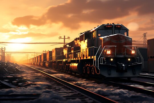 Railway And Freight Train At Sunset, Transportation And Logistics Concept.