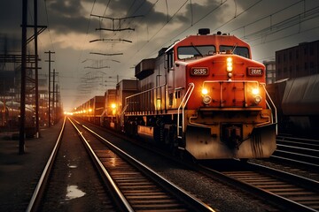 Obraz premium Freight train at sunset. Freight transportation. 3D rendering