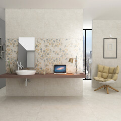 Spectacular bathroom has a floor and wall made of white and beige marble, a little table for amenities next to the bathtub, a white sink on a tiled background, an additional shower area. 3D Rendering