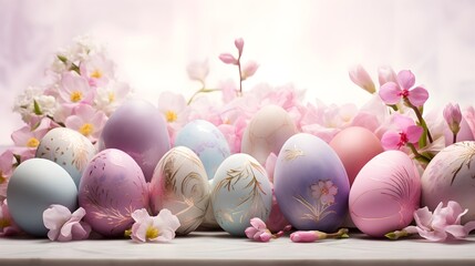 Obraz na płótnie Canvas Image that showcases a collection of Easter eggs in a variety of soft and pastel hues, background image, generative AI