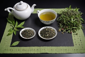 Obraz na płótnie Canvas raw herbal tea ingredient with teapot green placemat black surface