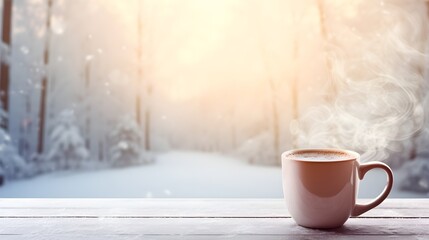 Portrait of a mug of hot chocolate or coffee against winter background with space for text, background image, generative AI - obrazy, fototapety, plakaty