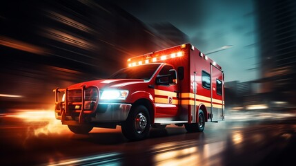 Blurred motion of a high speed emergency ambulance rushing to respond to a critical situation - obrazy, fototapety, plakaty