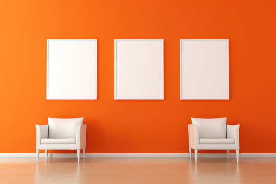 strong orange interior wall with three mockup image frames and seats