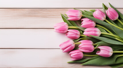 Pink Tulips Laid on Wooden Background