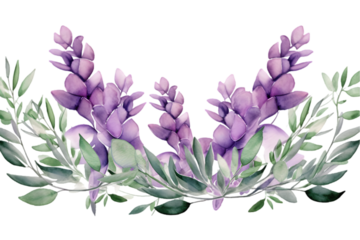 Watercolor eucalyptus leaves and purple lavender flower border. Greenery branches. Rustic design. Clipart. Wedding invitation. Floral illustration 3D rendering isolated on white backgr. Generative AI.