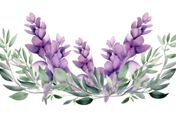 Foto op Canvas Watercolor eucalyptus leaves and purple lavender flower border. Greenery branches. Rustic design. Clipart. Wedding invitation. Floral illustration 3D rendering isolated on white backgr. Generative AI. © ahemdraza