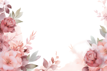 Watercolor floral border. Light pink flowers and eucalyptus greenery PNG. Elegant Wedding invitation. Dusty roses, soft blush peony frame, bouquet. Perfect for stationary, greeting car. Generative AI.