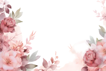 Lichtdoorlatende gordijnen Pioenrozen Watercolor floral border. Light pink flowers and eucalyptus greenery PNG. Elegant Wedding invitation. Dusty roses, soft blush peony frame, bouquet. Perfect for stationary, greeting car. Generative AI.