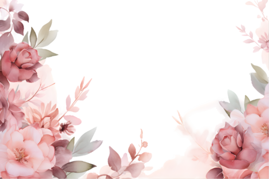 Watercolor floral border. Light pink flowers and eucalyptus greenery PNG. Elegant Wedding invitation. Dusty roses, soft blush peony frame, bouquet. Perfect for stationary, greeting car. Generative AI. - Powered by Adobe