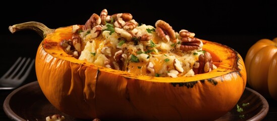 Brazilian dish: Whole baked pumpkin stuffed with shrimp and cheese, shown in close-up.