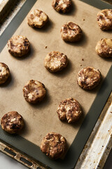 Halva Cookies with chocolate dough before baking on baking pan.