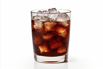Ice cold cola beverage in glass with ice cubes isolated on white background, perfect for copy space