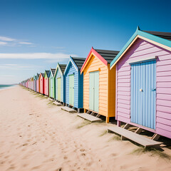 Obraz na płótnie Canvas A row of beach huts in vibrant pastel shades