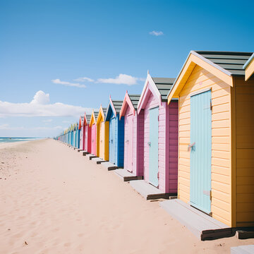 A row of beach huts in vibrant pastel shades