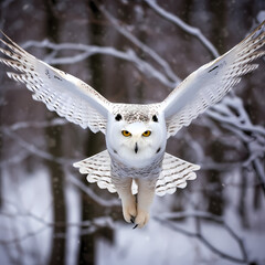 Naklejka premium A snowy owl in flight against a backdrop of snow-covered trees