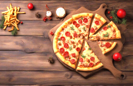 christmas Juicy cheese pizza with fries on a woodbackground