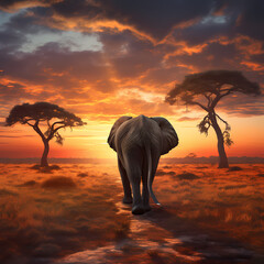 A solitary elephant roaming the vast plains at sunrise