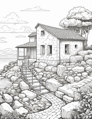 a coloring page for adults, Croatian Rural Home, Mediterranean style, often with stone work