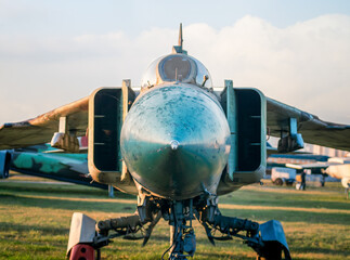 old army military combat fighter aircraft at the airport