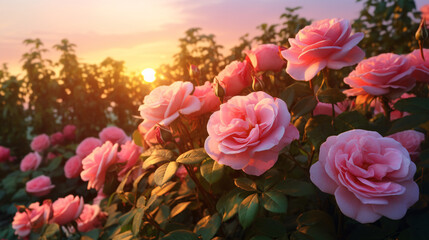 The enchanting beauty of pink roses in a peaceful garden at sunset. Ideal for capturing the essence of love and nature's beauty.