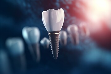Professional dental implant on blurred defocused background with copy space for text placement - obrazy, fototapety, plakaty