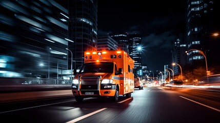 Emergency response  ambulance speeding with sirens, racing through city street to attend urgent call