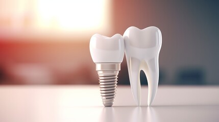 Close up of dental implant on blurred defocused background with copy space for text placement - obrazy, fototapety, plakaty