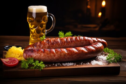 A hearty meal of knockwurst sausages, tangy sauerkraut, and a pint of German beer, beautifully presented on a rustic table