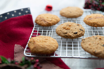 Chocolate chip cookies on a cooling rack