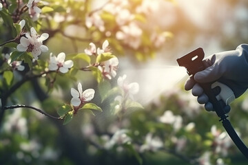 Garden pump sprayer. The gardener sprays apple tree in the garden with a spray bottle. Pest control concept. Caring for garden plants. - obrazy, fototapety, plakaty