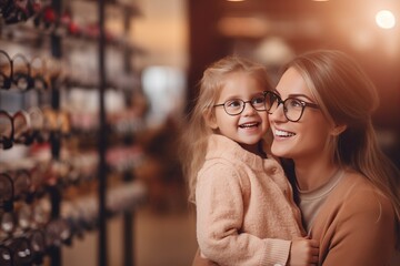 Optician fitting glasses on smiling girl with blurred mother in optical store, copy space available - obrazy, fototapety, plakaty