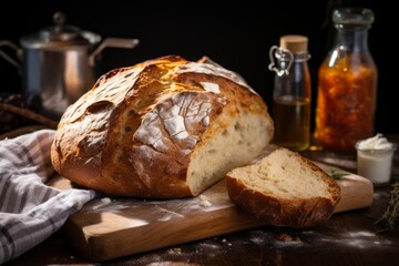 Delicious homemade onion bread, cooling off on a rustic table, surrounded by a warm and cozy kitchen atmosphere
