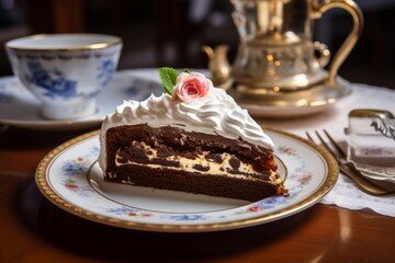 A slice of rich, dark Sachertorte, a classic Viennese dessert, elegantly served on a vintage plate