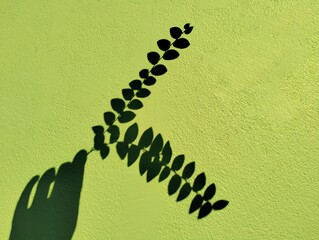 The background image is a green cement wall.A hand stretched out a branch of a leaf.It is green and...