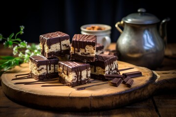Fototapeta na wymiar A tempting collection of homemade Nanaimo bars, a Canadian sweet treat, set against a backdrop of charming vintage kitchenware