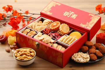 Traditional snack and desserts in chinese new year day, Snack box fruit, Local snack in china for celebrate celebration